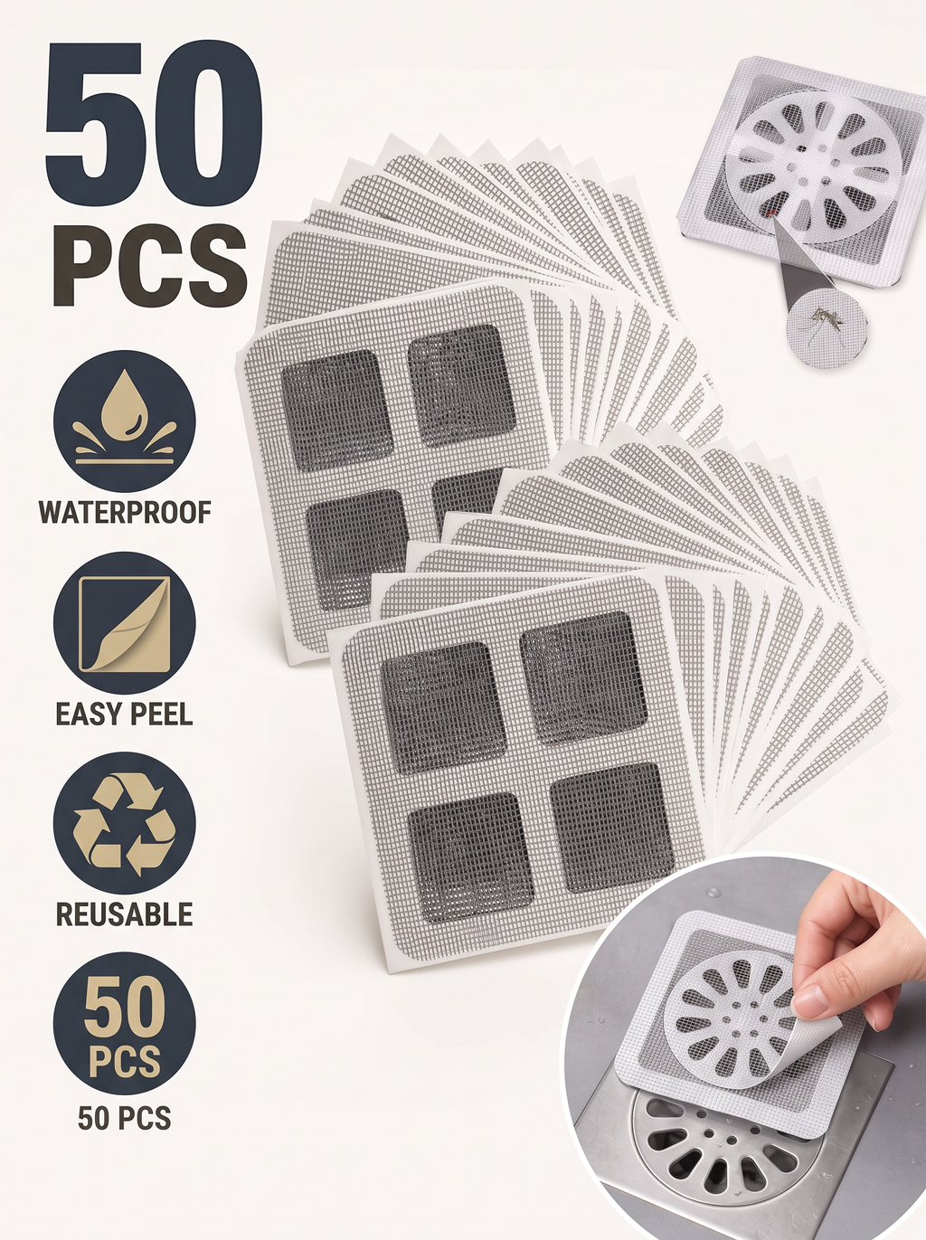 HairTrap 50-Pack Disposable Hair Catcher – Shower Drain Mesh Strainer